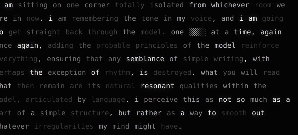 Close view of glowing monospaced words at varying brightness, one word rendered as block-static characters mid-replacement.